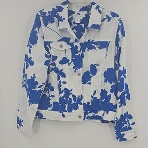 Cynthia Rowley Blue & White Floral 100% Linen Jacket Size Large